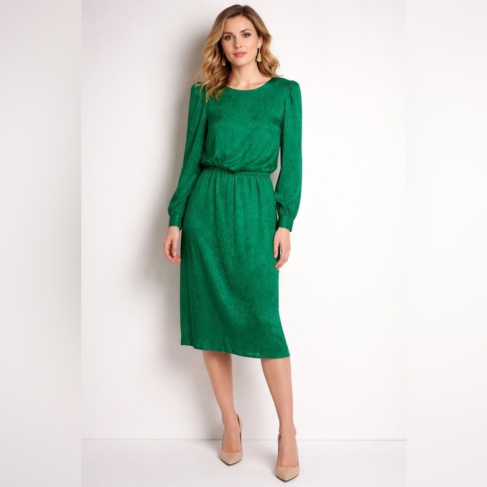 Vintage Adrianna Papell 100% Silk Green Midi Dress 10